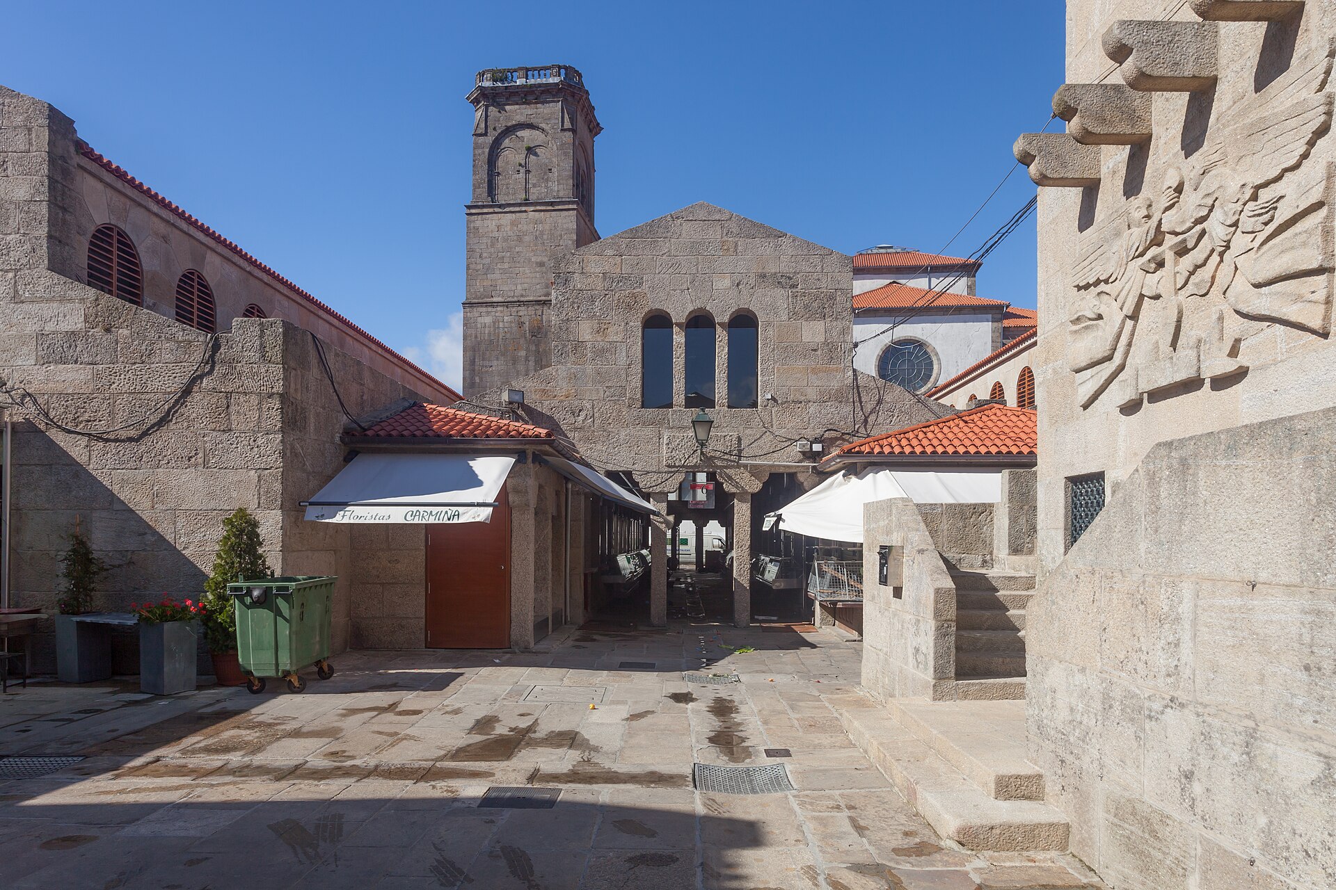 Granite pavilions and tower of the Mercado de Abastos in Santiago de Compostela